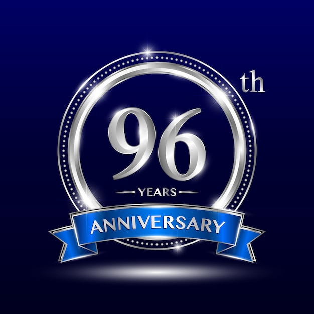 96th anniversary logo design with silver number and blue ribbon Logo vector design Vector design