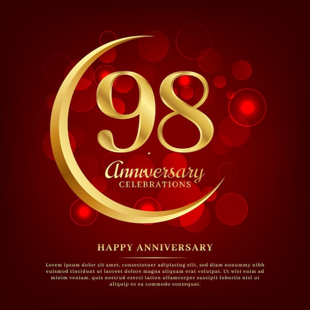 98 years anniversary with golden moon and red shiny background added with text for congratulations words