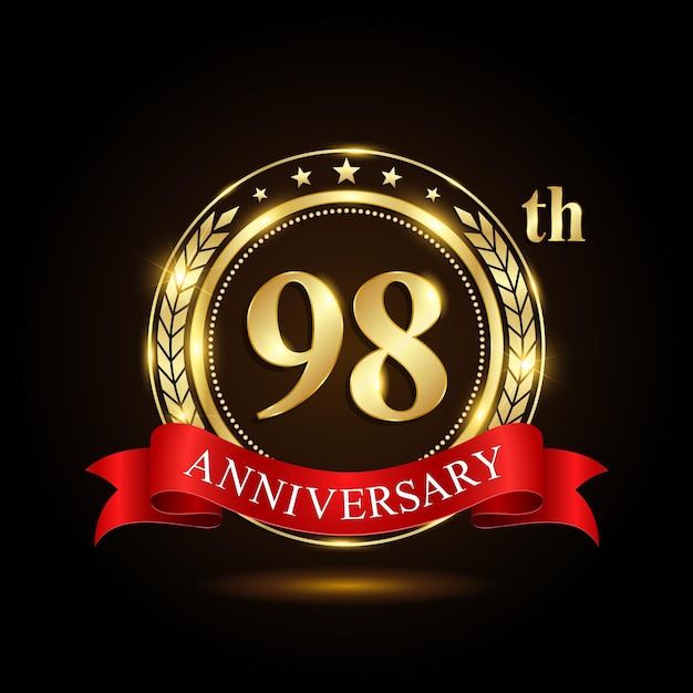 98th golden anniversary logo with shiny ring and red ribbon isolated on black background vector design