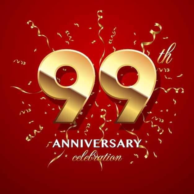 99th Anniversary Celebration Logo design with golden number and ribbon Logo Vector Template