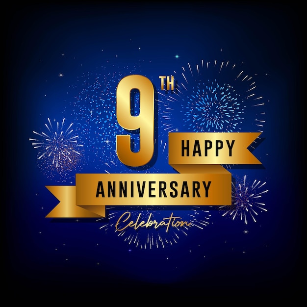 9th Anniversary template design with golden ribbon Vector template illustration