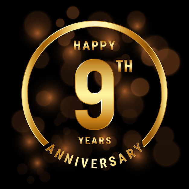 9th Anniversary template design with golden ring and number Vector template illustration