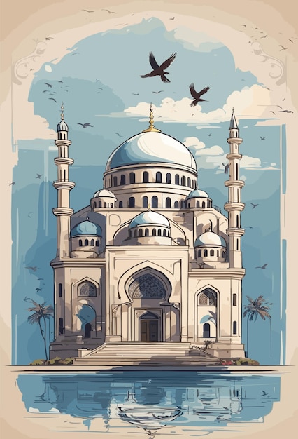 A_mosque_with_a_bird_on_the_top_vector_art_illustration