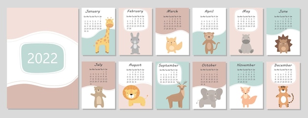 A4 calendar for 2022 Cute cartoon animals Cover for 12 monthly pages The week starts on Sunday