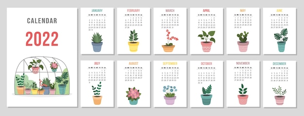 A4 calendar for 2022 Potted houseplants Cover for 12 monthly pages The week starts on Sunday