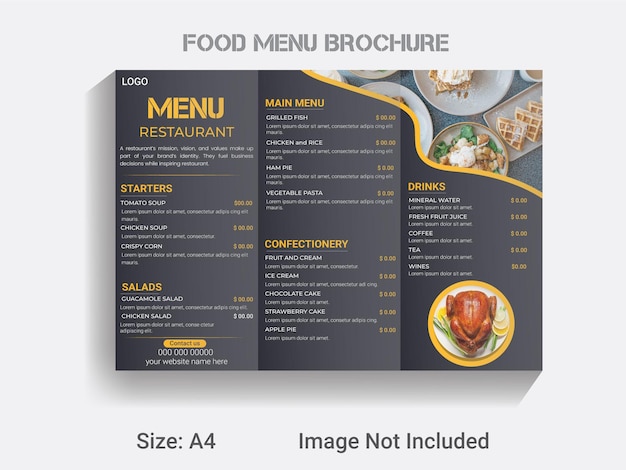 A4 size trifold brochure food menu template, new year food design layout.