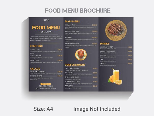 Vector a4 size trifold brochure food menu template, new year food design layout.