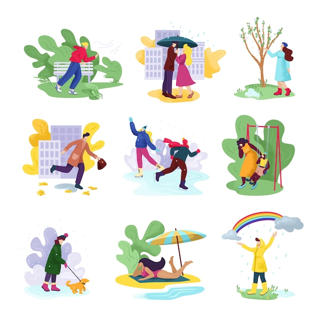 Aall four seasons and weather . People in seasonal clothes in windy autumn, snowy winter, rainy spring and sunny summer. Woman or man with umbrella, at beach.