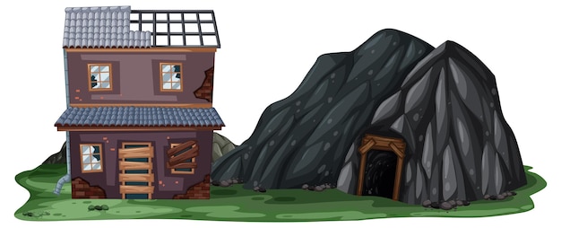 An abandoned house with a rock cave on white background