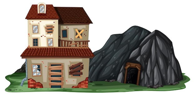 An abandoned house with a rock cave on white background