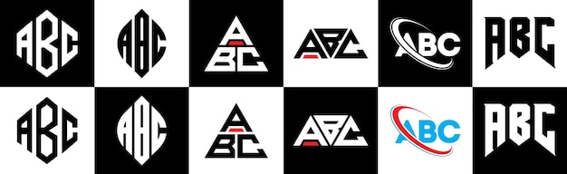 ABC letter logo design in six style ABC polygon circle triangle hexagon flat and simple style with black and white color variation letter logo set in one artboard ABC minimalist and classic logo