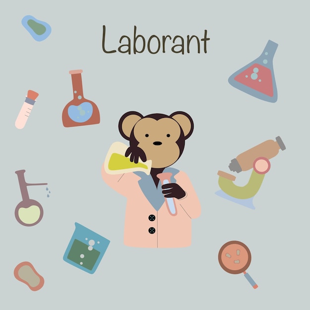 The ABC of professions.Monkey laborant assistant.Around the microscope,test tubes,flasks,magnifying