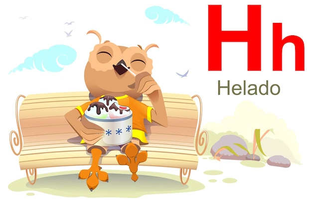 ABC spanish alphabet letter helado Owl sit bench and eat ice cream Vector cartoon illustration