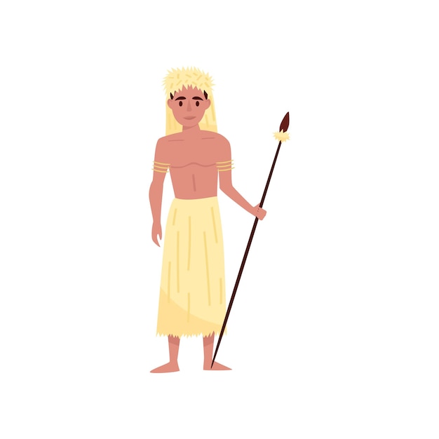 Aborigine warrior character with spear in traditional etnic clothes and headdress vector Illustration on a white background