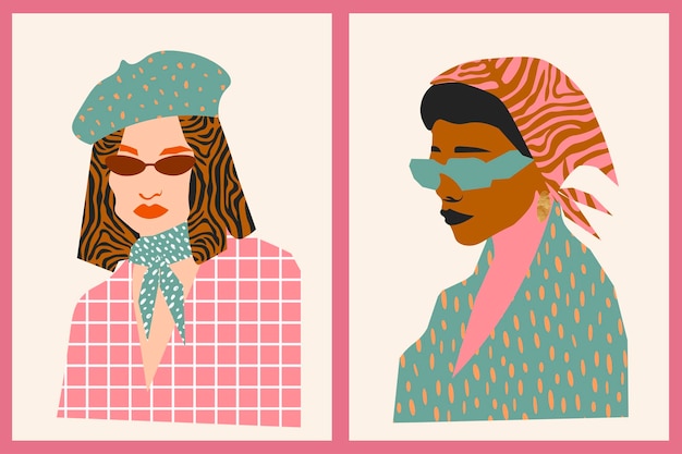 Abstarct female portraits. Paper cut mosaic style. Modern hand drawn vector illustrations.