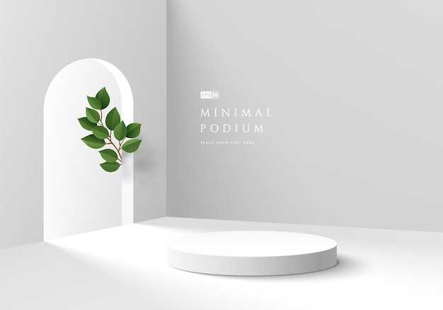 Abstract 3D background Realistic white gray cylinder pedestal podium with arch door and green leaves