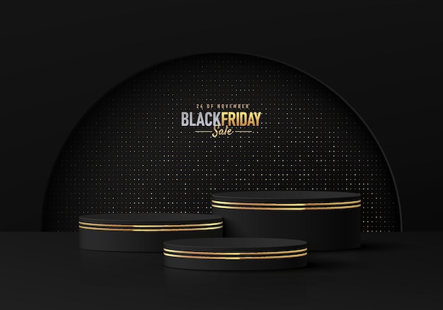 Abstract 3D background with realistic black cylinder podium set and golden glitter luxury scene