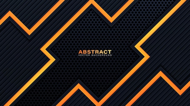 Abstract 3D black technology background overlap layers on dark space with orange light effect decoration. Modern graphic design template elements for poster, flyer, brochure, or banner