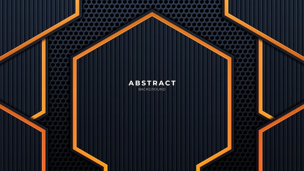 Abstract 3D black technology background overlap layers on dark space with orange light effect decoration. Modern graphic design template elements for poster, flyer, brochure, or banner