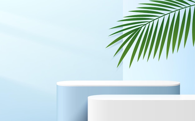 abstract 3d blue and white round corner cube platform podium with window lighting and palm leaf