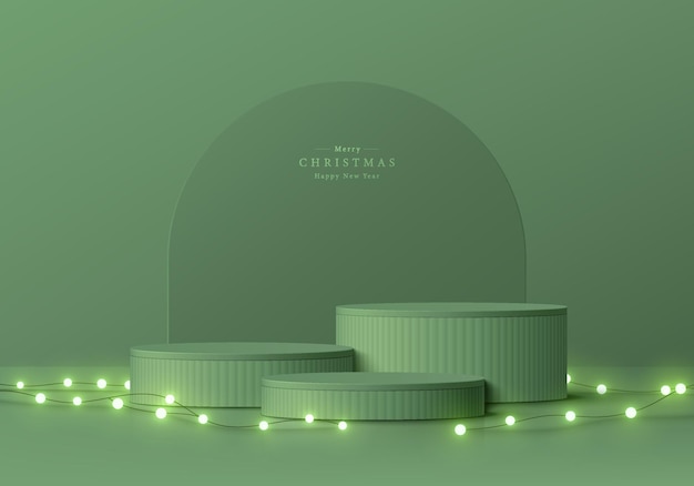 Abstract 3D christmas background with realistic green cylinder pedestal podium Neon bulb light