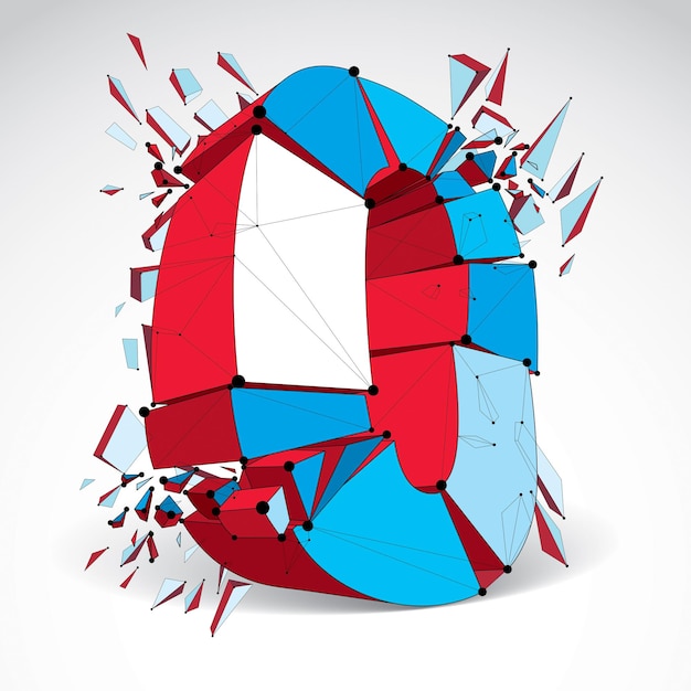 Abstract 3d faceted zero number with connected black lines and dots. Vector low poly shattered design element with fragments and particles. Explosion effect.