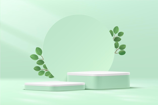 abstract 3d green and white round corner cube podium with circle backdrop and green leaf