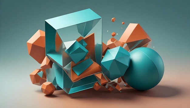 Vector abstract 3d model of geometric shapes in shades of blue orange and green the shapes are floating in space creating a dynamic and futuristic composition