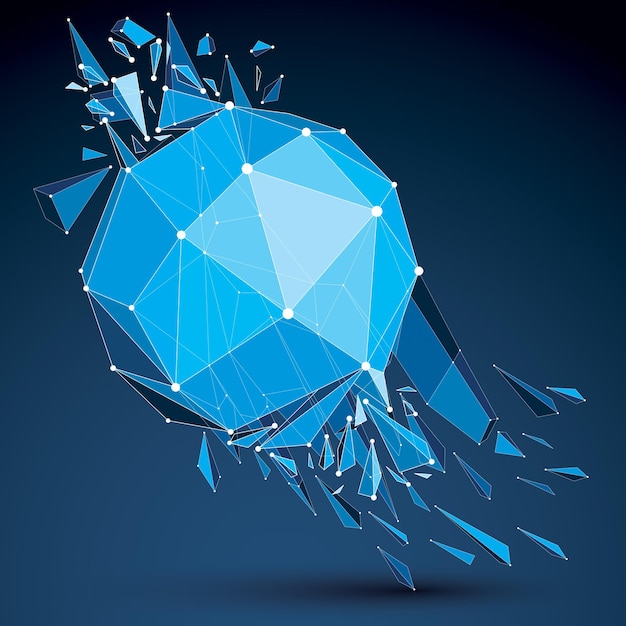 Abstract 3d origami spherical figure with connected white lines and dots. Vector low poly shattered design element with fractures and particles. Explosion effect demolished blue shape.