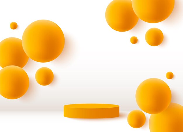 Vector abstract 3d podium background with orange 3d volumetric balls podium for product demonstration