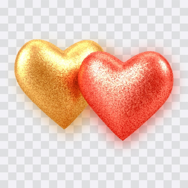 Vector abstract 3d realistic gold and red balloon hearts with glitter texture isolated on transparent.