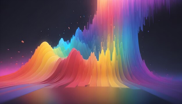 Vector abstract 3d rendering of a colorful glowing landscape with rainbow hues resembling a digital wave or a mountain range