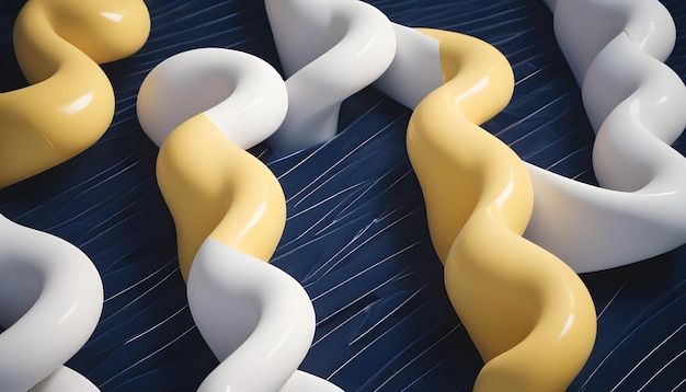 Vector abstract 3d rendering of swirling twisted shapes in white and yellow against a dark blue background creating a dynamic and visually intriguing composition