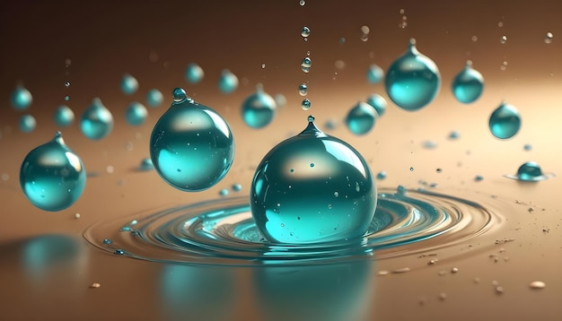 Abstract 3D rendering of water droplets in motion with a large turquoise drop creating ripples on a reflective golden surface showcasing liquid dynamics