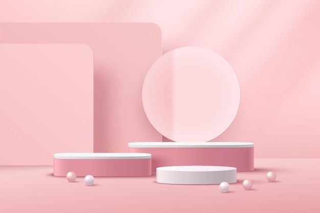 Abstract 3d rendering white cylinder pedestal podium with transparent glass ring Pink and white sphere