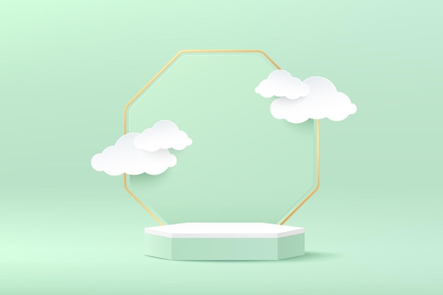 abstract 3d rendering white green hexagon pedestal podium with ring and white cloud paper cut style