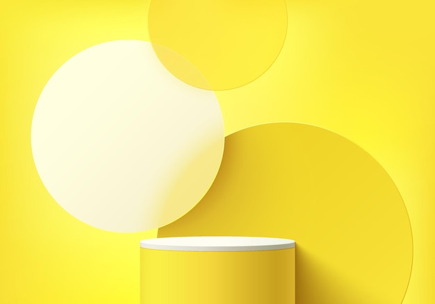 Abstract 3D room Realistic yellow white cylinder stand podium with overlap circles shape background