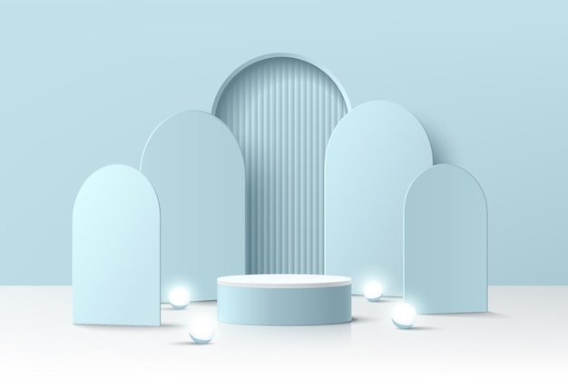 Abstract 3D room with realistic blue cylinder pedestal podium and arch shape backdrop ball lamp