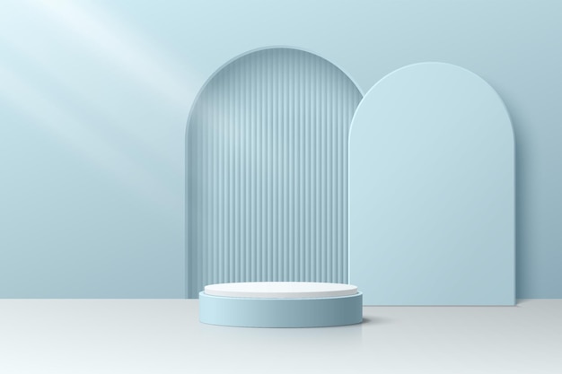 Abstract 3D room with realistic blue cylinder pedestal podium and vertical stripes in arch shape