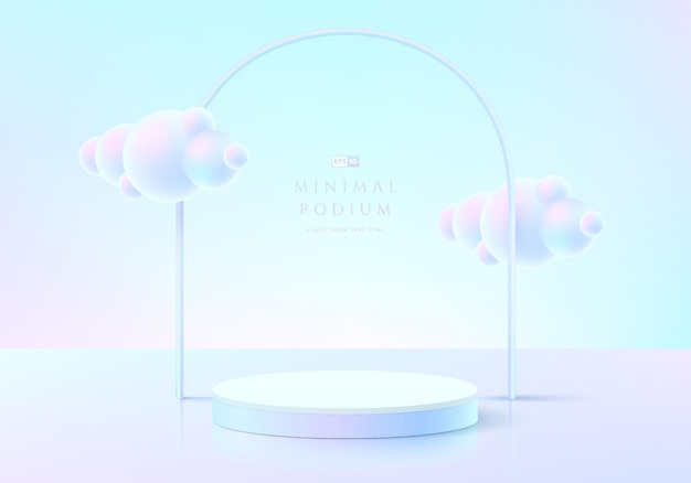 Abstract 3D room with realistic pink and blue hologram color cylinder podium Pastel cloud flying