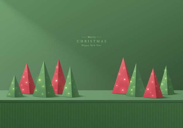 Abstract 3D scene background with green stand podium Desk table Red and green tree in pyramid shape