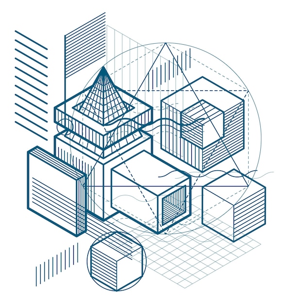 Abstract 3d shapes composition, vector isometric background. Composition of cubes, hexagons, squares, rectangles and different abstract elements.