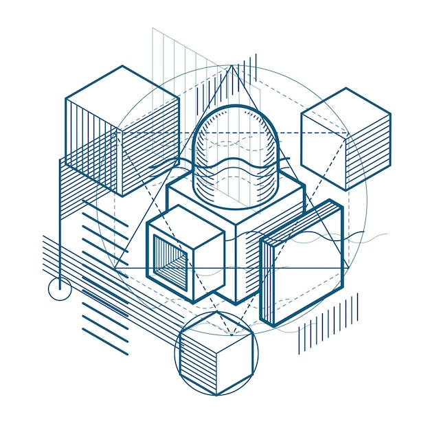 Abstract 3d shapes composition, vector isometric background. Composition of cubes, hexagons, squares, rectangles and different abstract elements.