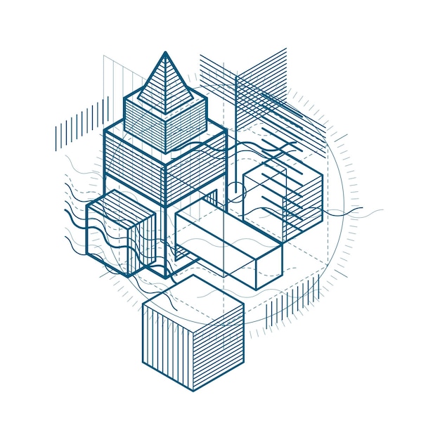 Abstract 3d shapes composition, vector isometric background. Composition of cubes, hexagons, squares, rectangles and different abstract elements.