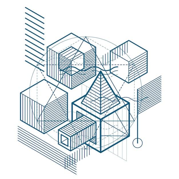 Abstract 3d shapes composition, vector isometric background. Composition of cubes, hexagons, squares, rectangles and different abstract elements.