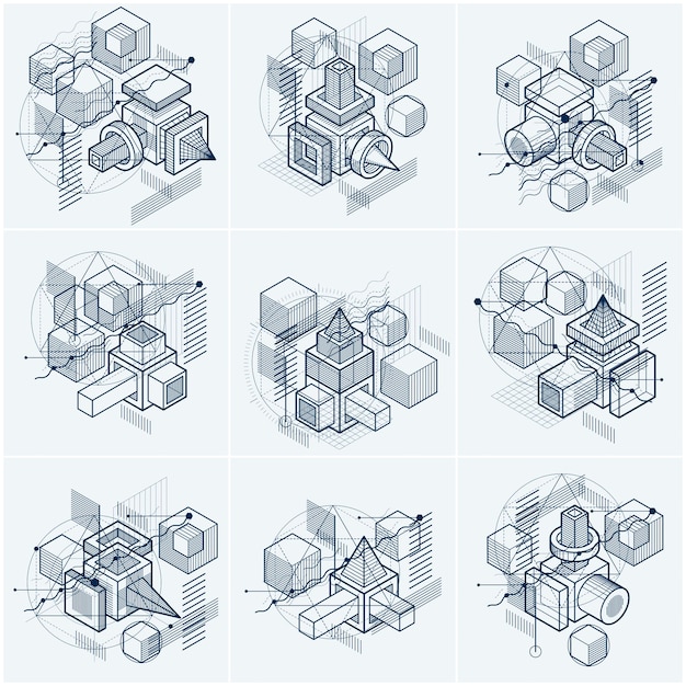 Abstract 3d shapes compositions, vector isometric backgrounds. Compositions of cubes, hexagons, squares, rectangles and different abstract elements. Vector collection.