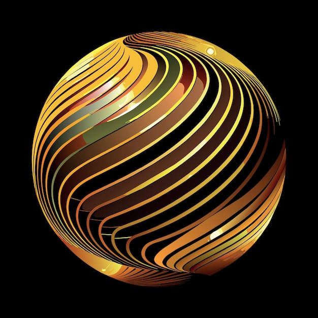 Vector abstract 3d sphere flowing light lines wave gold gradient isolated on black background