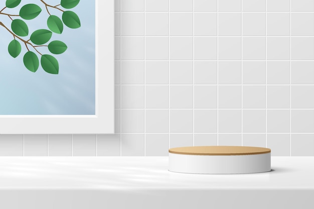 Abstract 3D white cylinder pedestal podium with leaf in window on white tile pattern wall scene