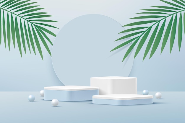 Abstract 3D white round corner pedestal podium  with green palm leaf blue and white sphere