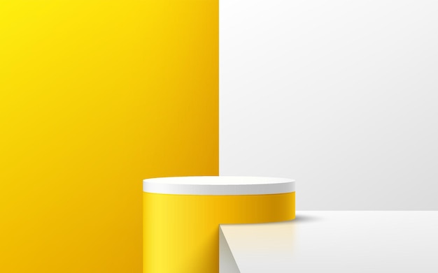 abstract 3d white and yellow cylinder platform podium bright yellow and white minimal wall scene